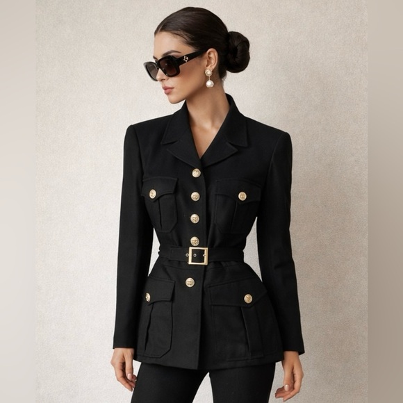 CHANEL Pants - CHANEL Vintage Military Belted Jacket Gold Button Blazer FR 42 Exceptional!